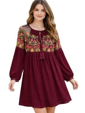 Suzanne Betro babydoll dress oversize sheer  jersey burgundy pocket flowy medium
